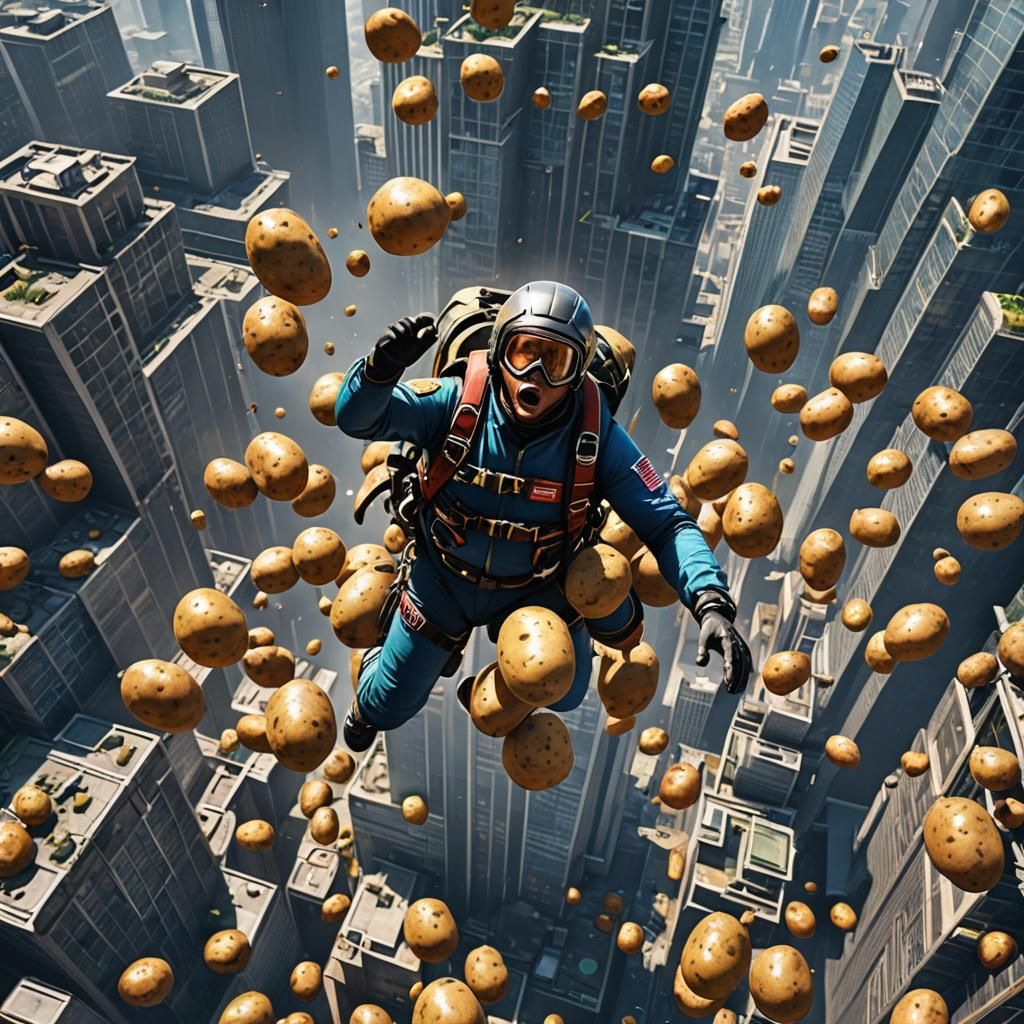 Potato Skydiving off Skyscraper: Detailed Matte Painting