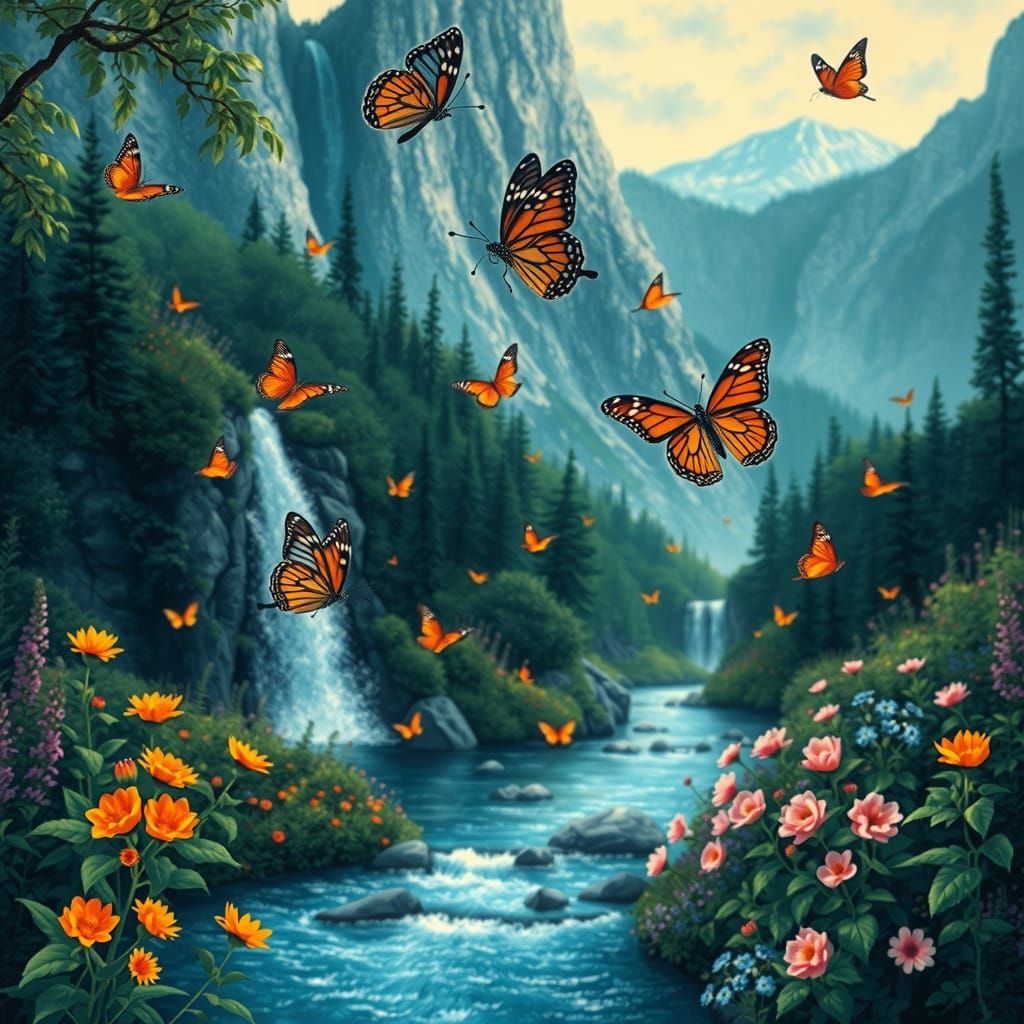 Pointillist Birds, Butterflies and Waterfall Scene