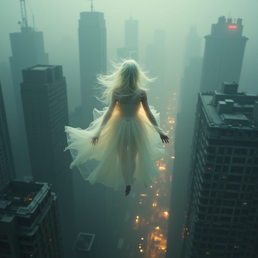 Ethereal Figure in Fractured Cityscape: Surrealist Art