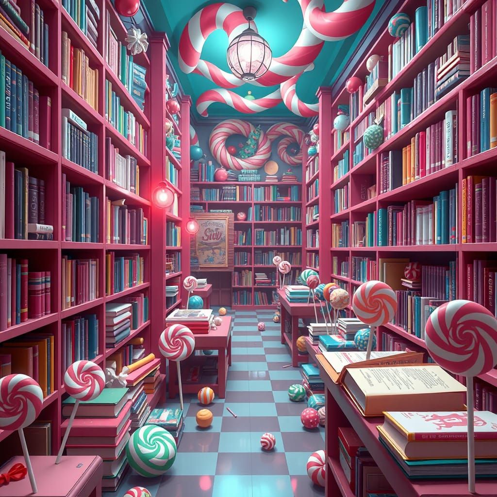 Candy Library in Whimsical Surrealist Style