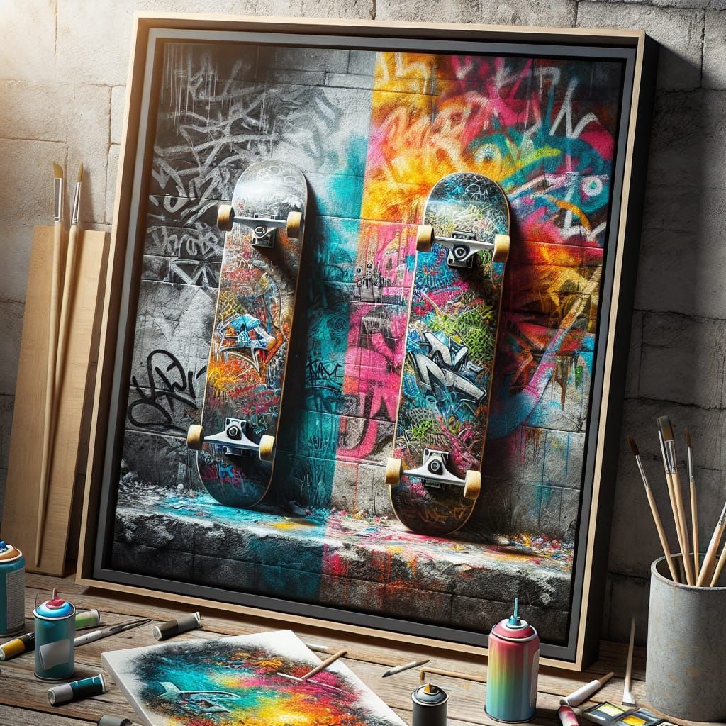 Skateboard Art Against Graffiti Wall in Urban Style