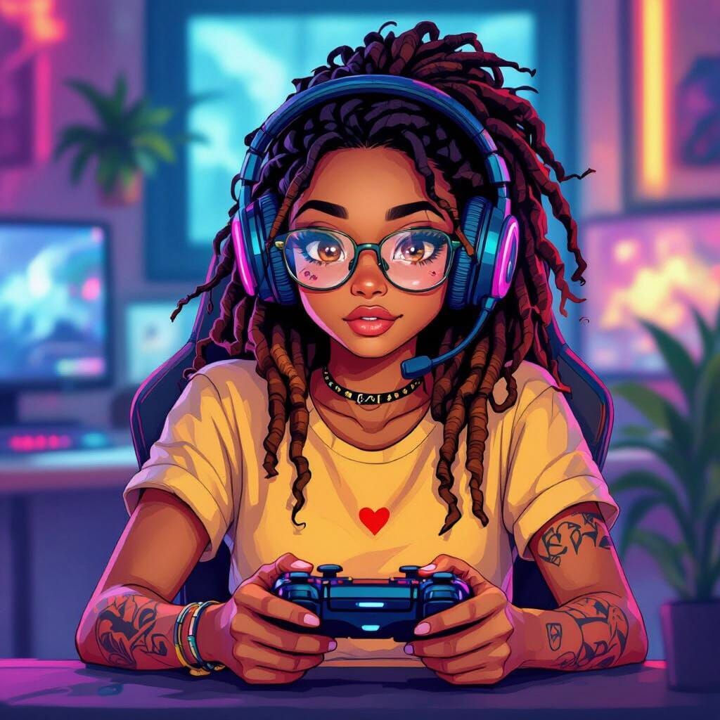 Gamer Girl with Locs in Playful Anime Style