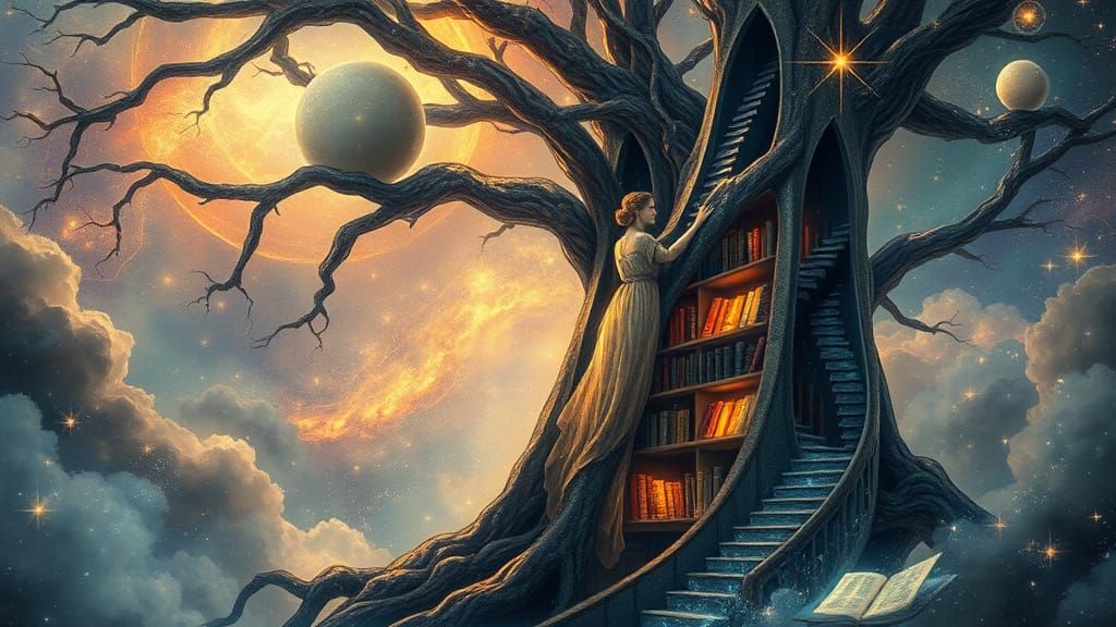 Cosmic Librarian Tending Glowing Books in a Bioluminescent T...