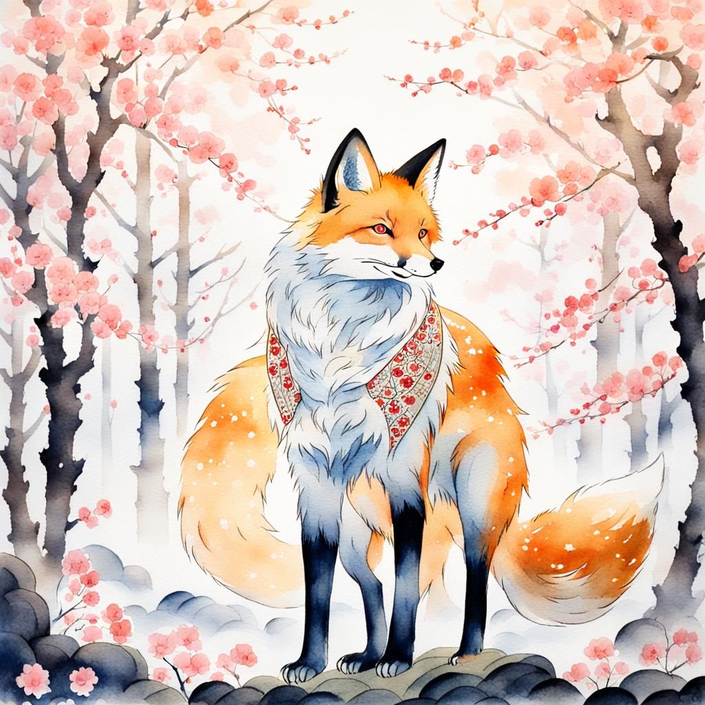 Kitsune Sohei in Misty Forest: Japanese Watercolor
