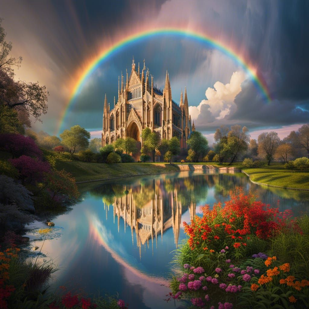 Cathedral and Stormy Sky Reflected with Rainbow Bridge