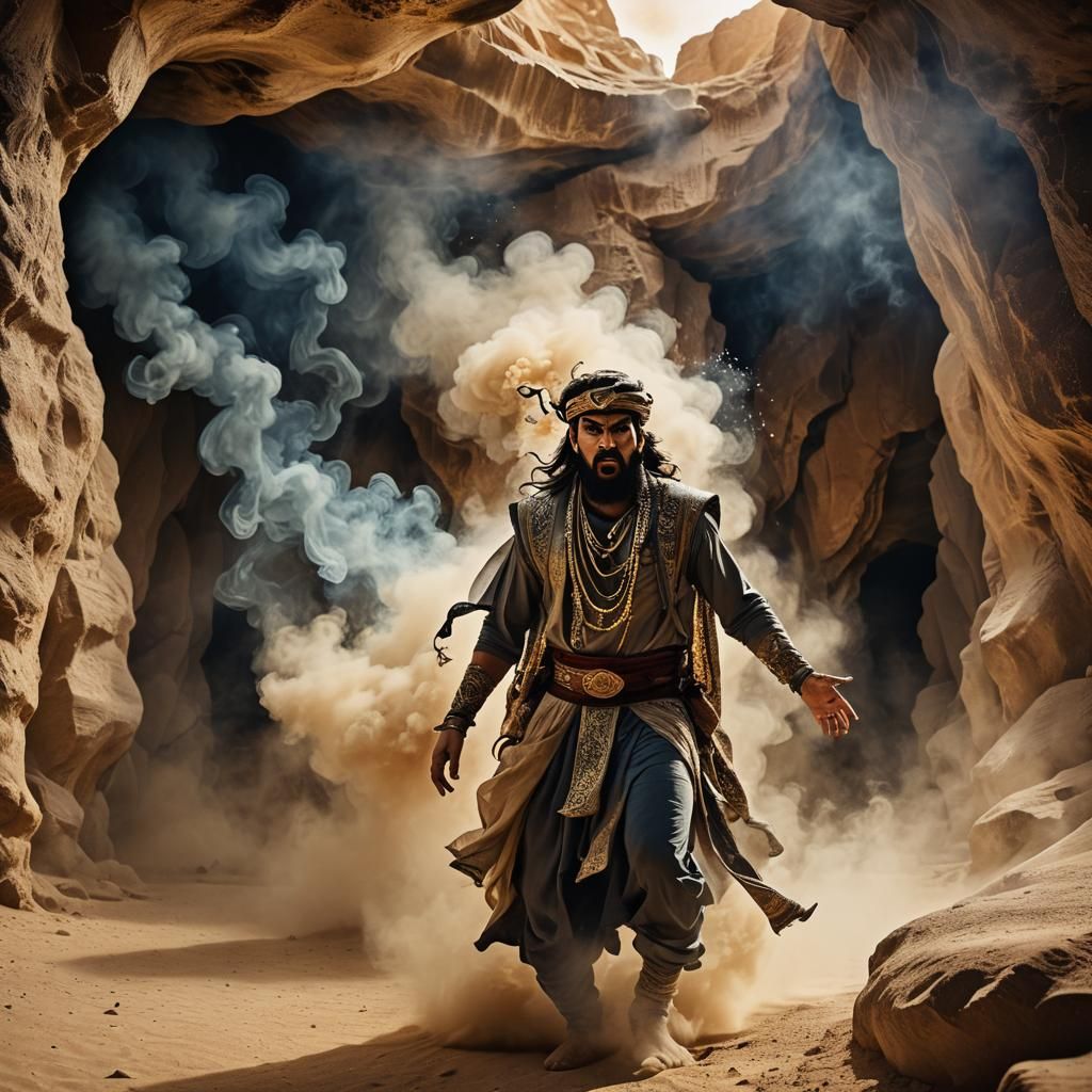 Angry Djinn in Desert Cave with Smoke