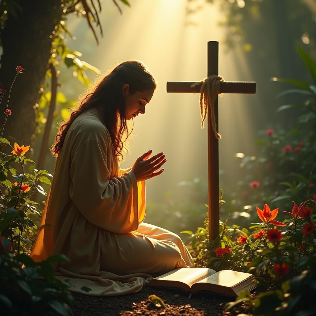 Woman Praying in Jungle with Divine Light