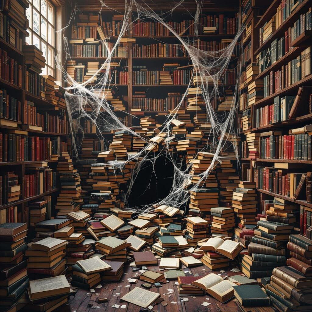 Chaotic Bookshelf with Gaping Hole and Cobwebs