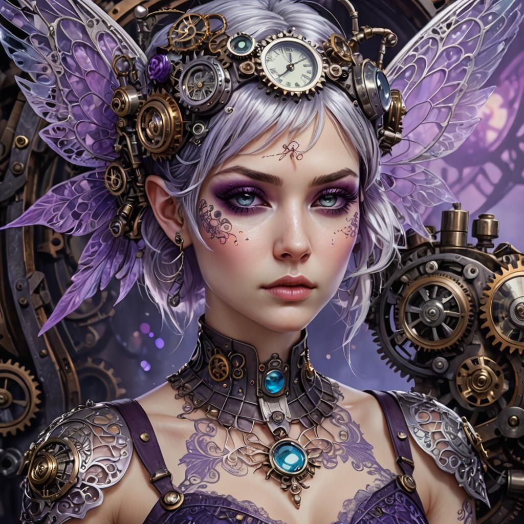 "Beautifull fairy with pale violet skin, disheveled silver pixie cut hair, large expressive eyes, dikver and purple fili...
