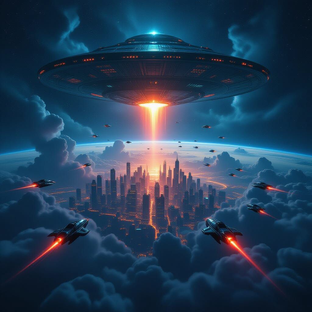 Alien Invasion Over Earth From Space At Night