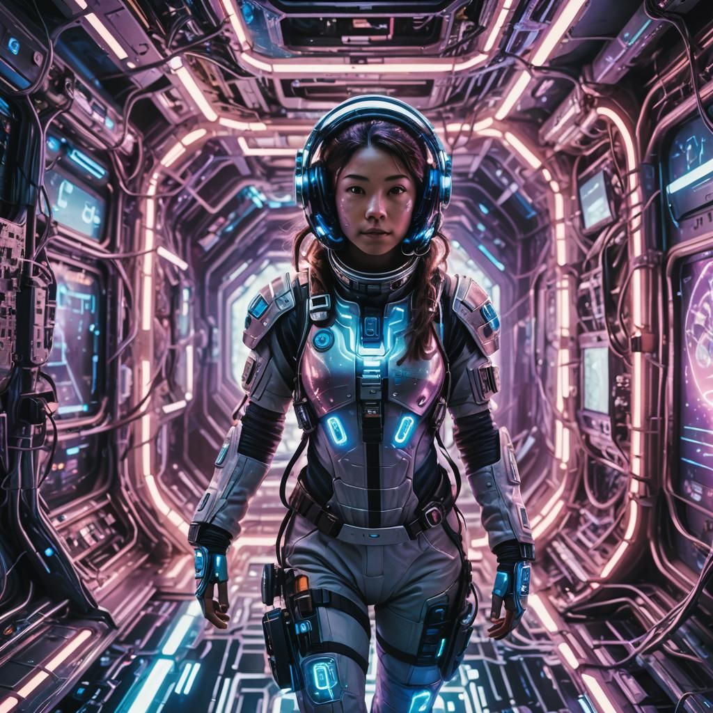 Cyberpunk Astronaut in Futuristic Space Station