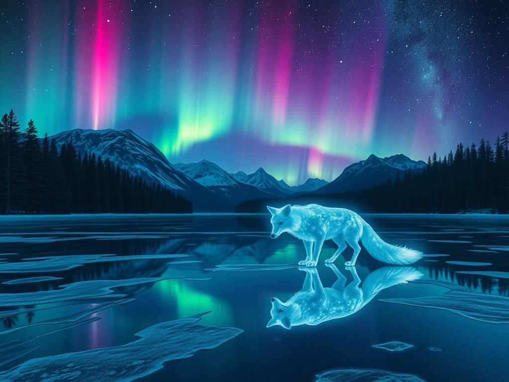 Ethereal Fox on Frozen Lake Under Aurora Lights