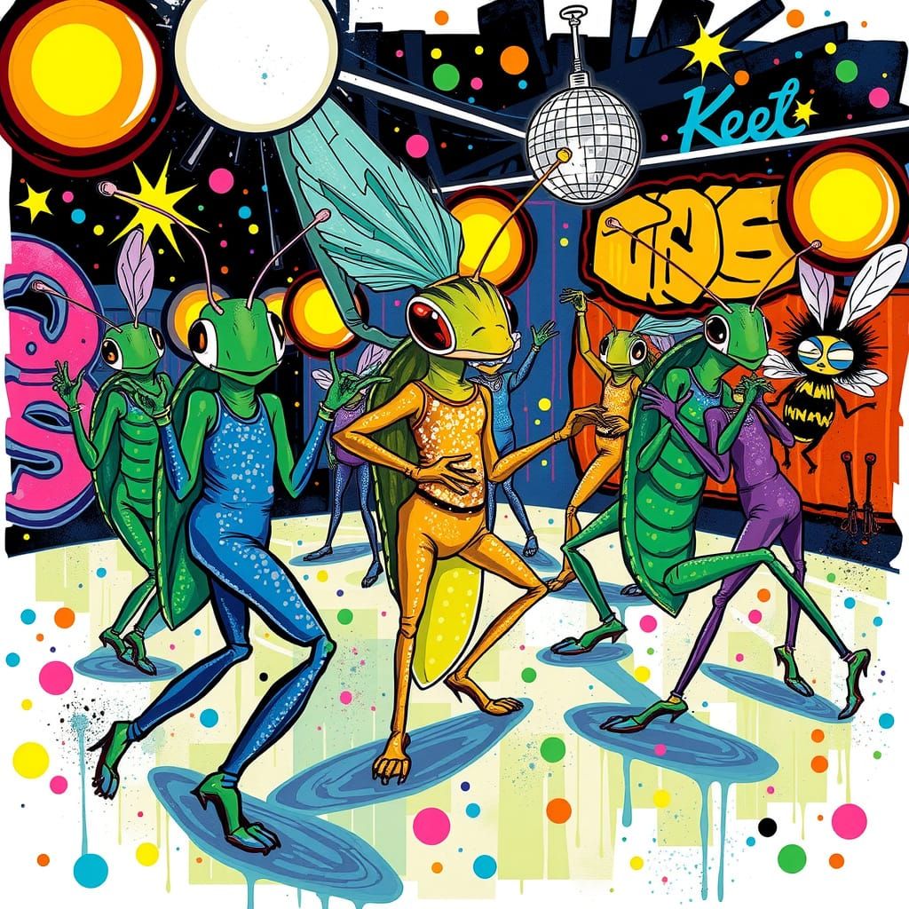 Vibrant Grasshoppers Dance the Night Away in Whimsical Disco...