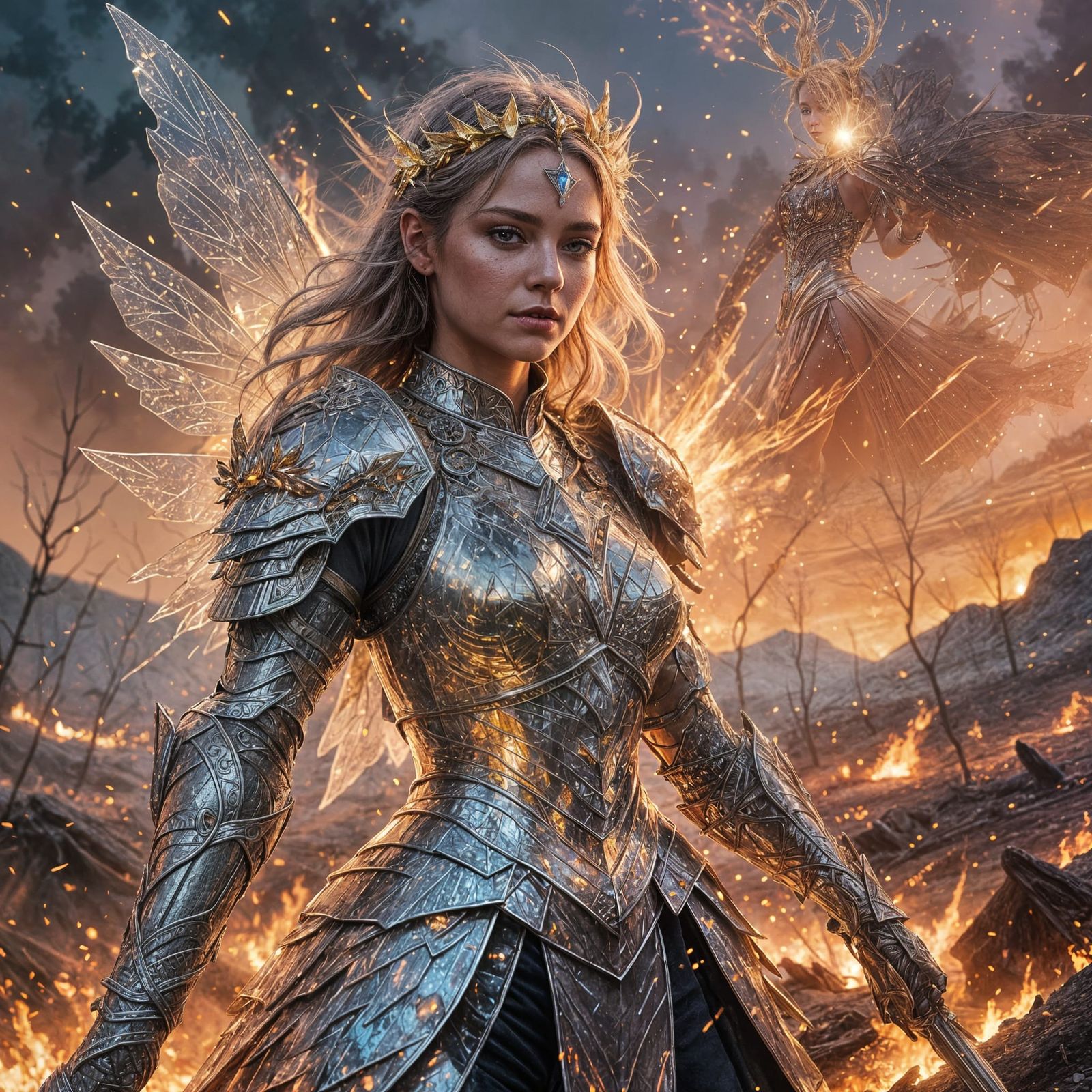 Fairy Warrior in Crystal Armor on Fire