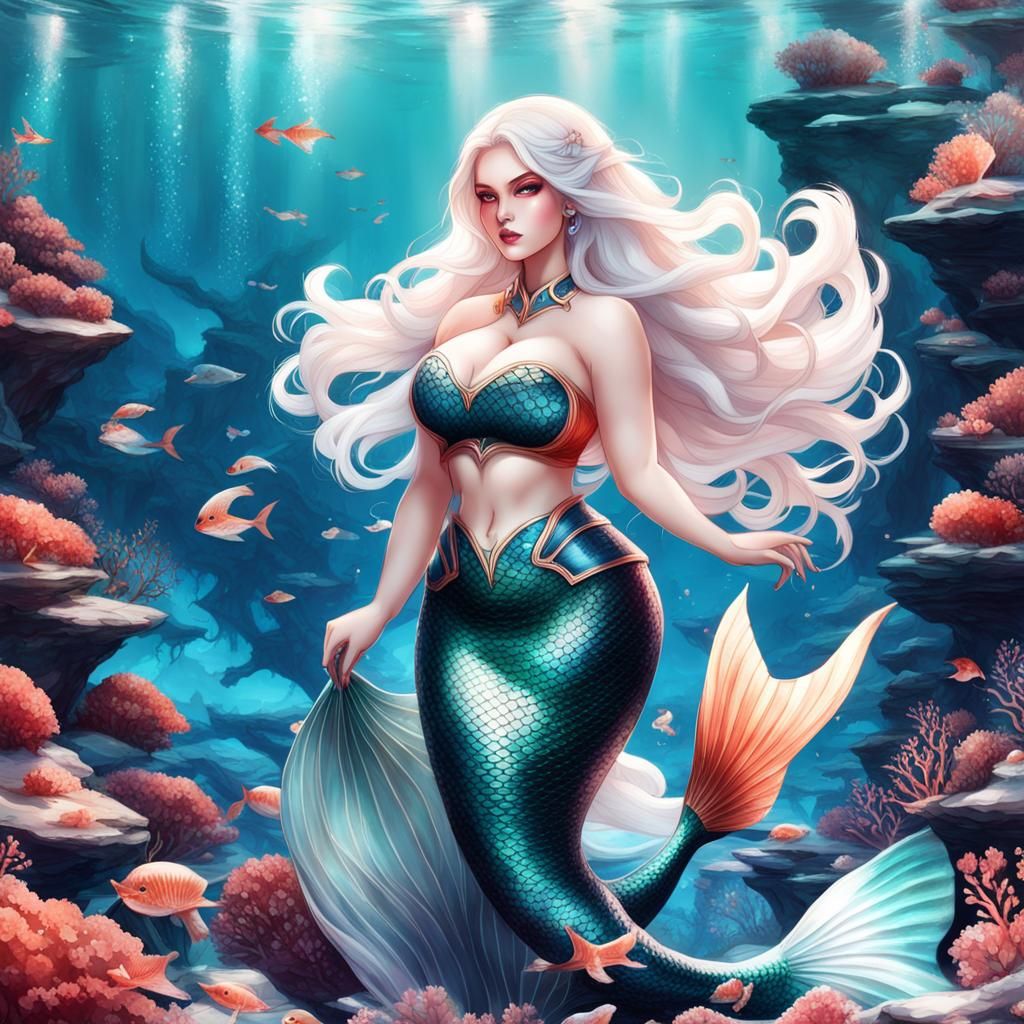 Fantasy Mermaid with White Hair in Digital Art