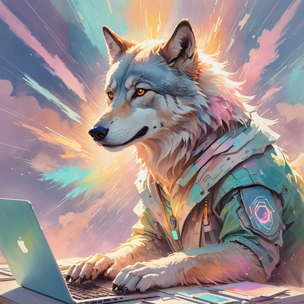 Hacker Wolf in Pastel Dreamscape