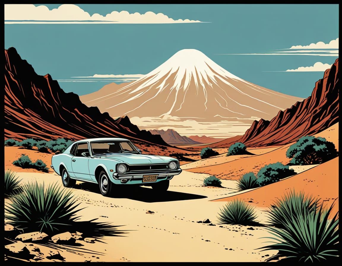 Japanese Desert in Retro Serigraphy Style