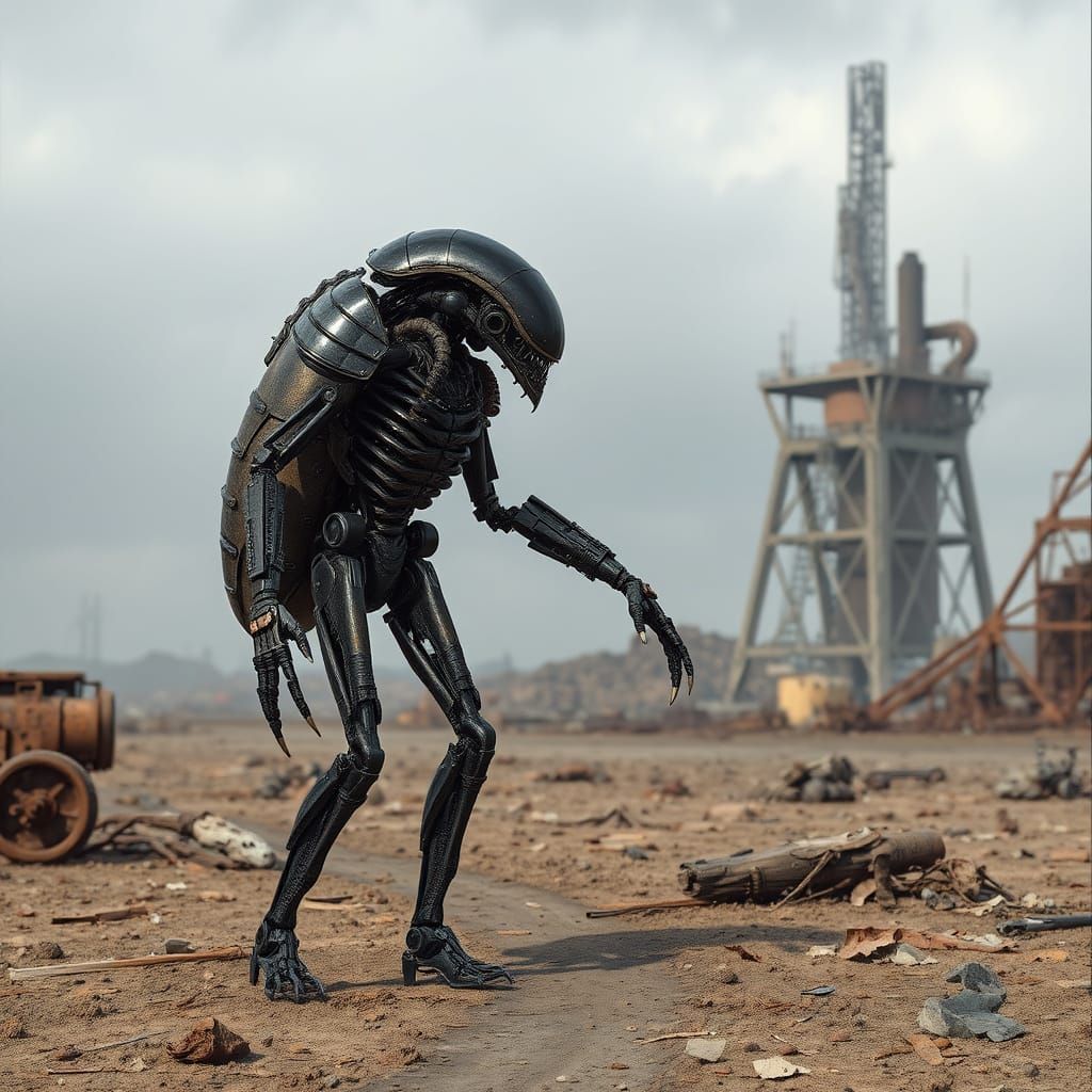 Cybernetic Monstrosity in a Futuristic Wasteland