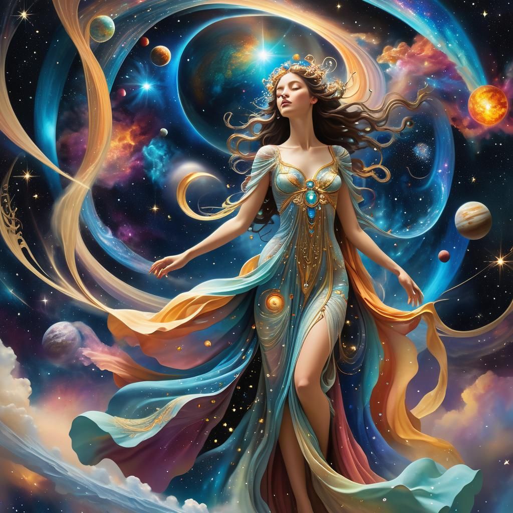 Goddess Falling Through Space in Art Nouveau Style