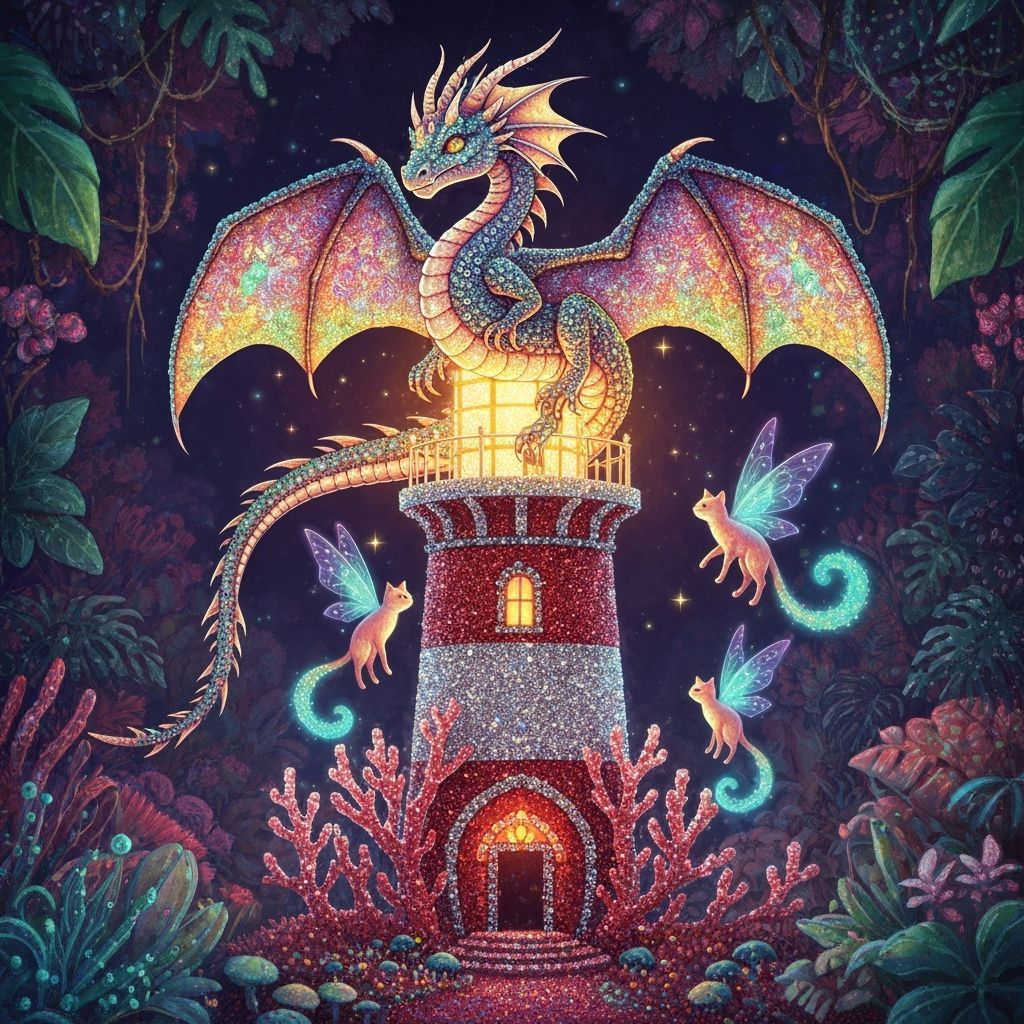 Glass Bead Dragon on Coral Lighthouse in Mystical Jungle