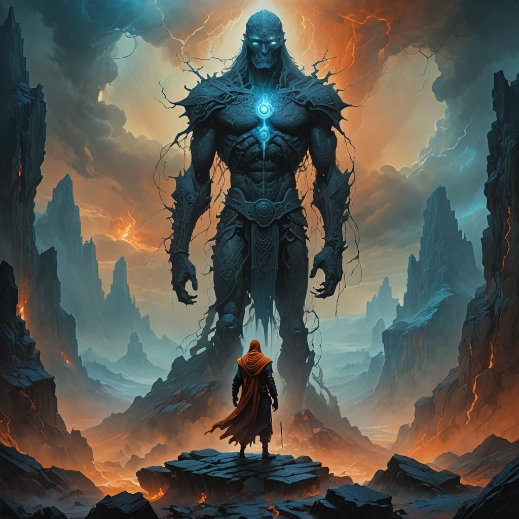 Mystical Dark Fantasy Figure in Ancient Landscape