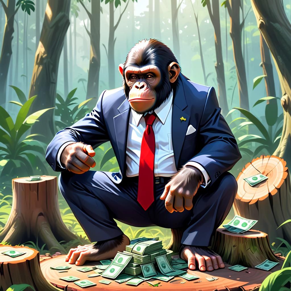 obsessed ape counting his money in the jungle on a tree stump, gangster ape in a suit / in the background, cutting down...