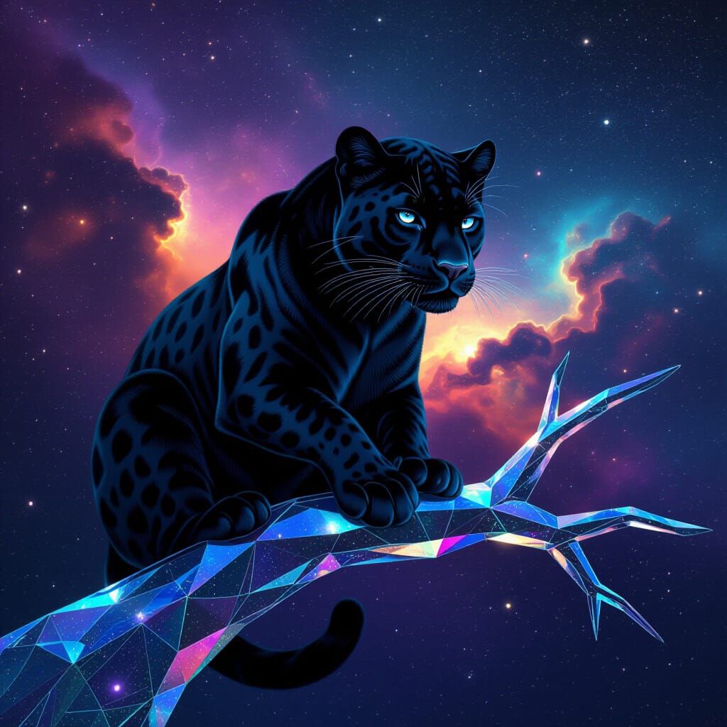 Nebula Panther on Crystal Branch in Hyperrealistic Style