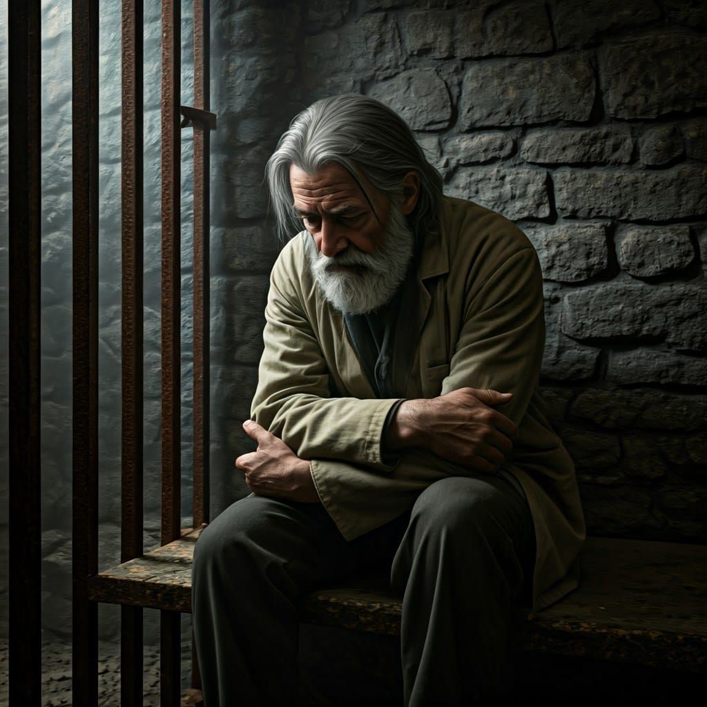 Contemplative Geologist Behind Bars in Dark Realism