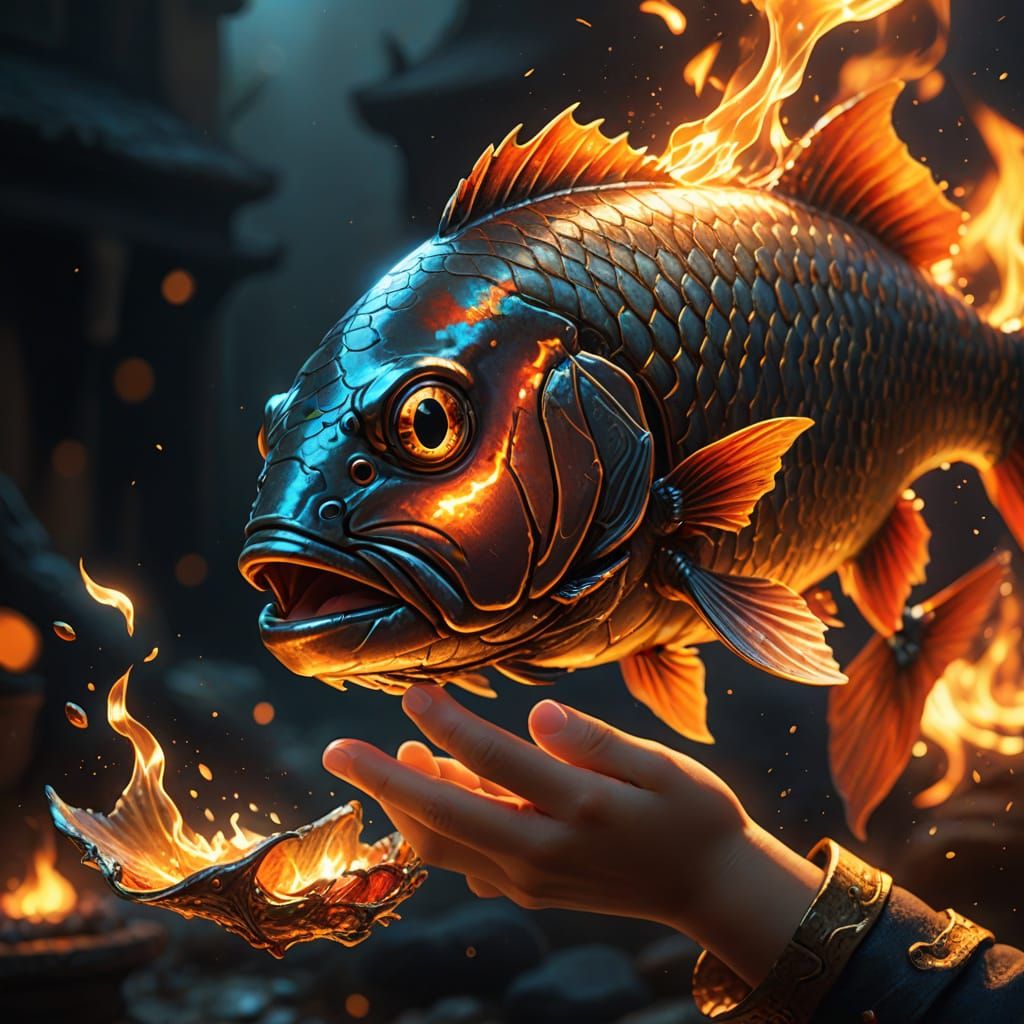 Child's Hand Holding Burning Fish: Fantasy Art