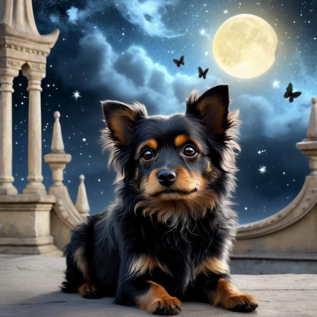 Cute Dog on Moon with Butterfly: Fantasy Concept Art