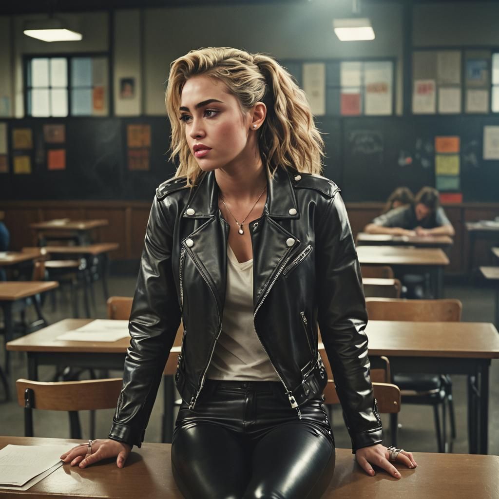 Cinematic Classroom Scene with Young Woman in Leather