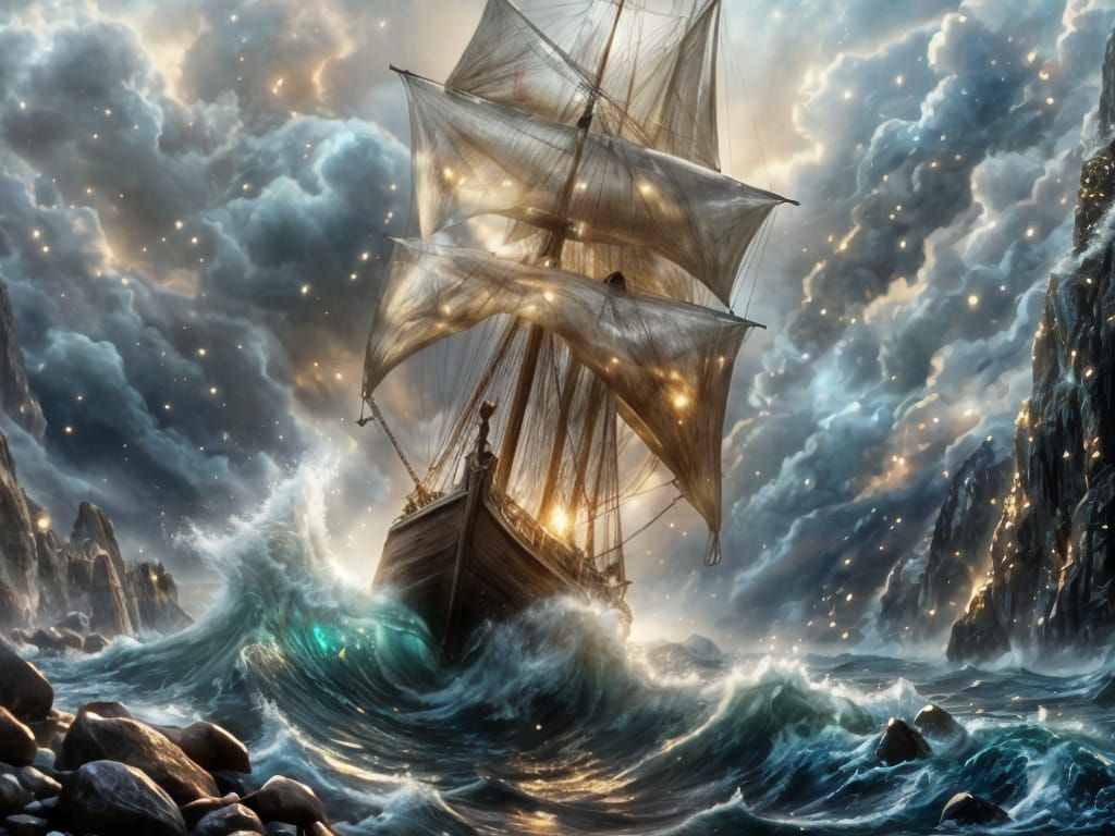 Ethereal Ship Battles Stormy Seas in Romantic Style