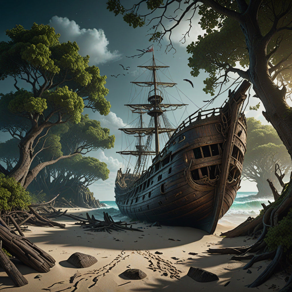 Abandoned Wooden Shipwreck on a Haunted Beach