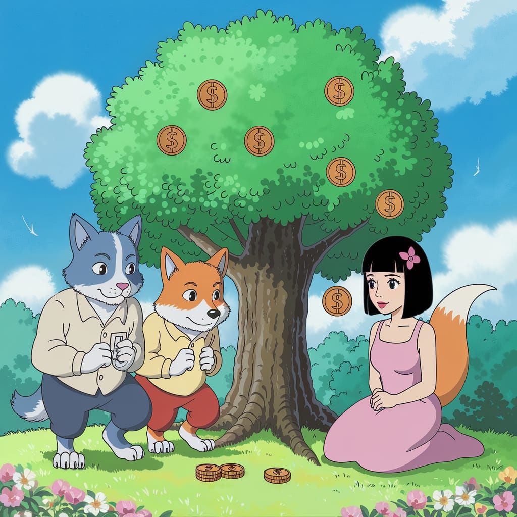 Mythical Beings Seek Fortune Under Golden Tree