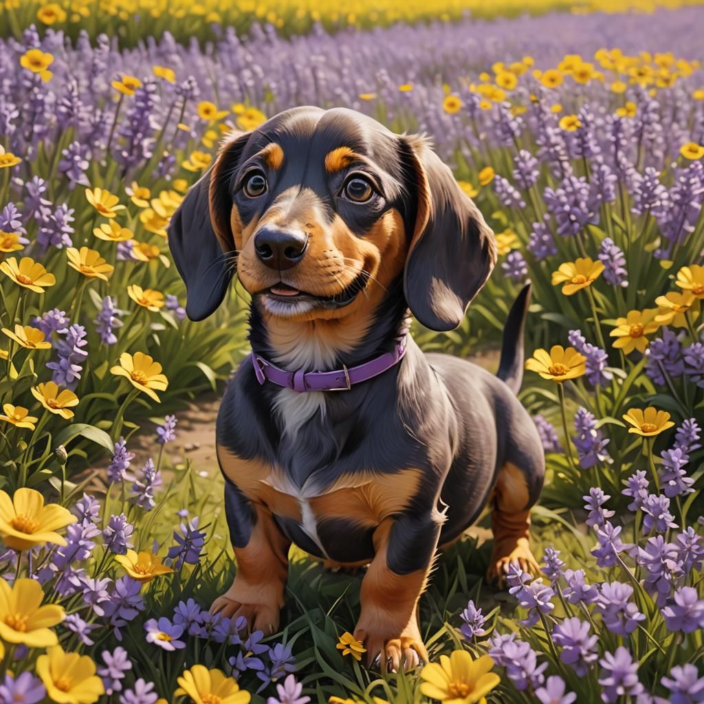 Smiling Dachshund Puppy in Anime Flower Field