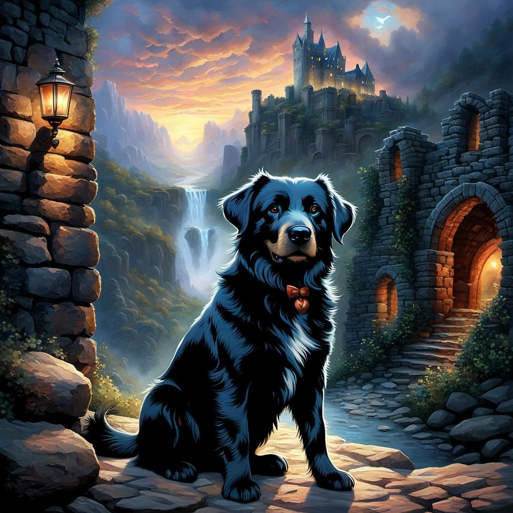 Black Dog with Glimmering Teddy Bear