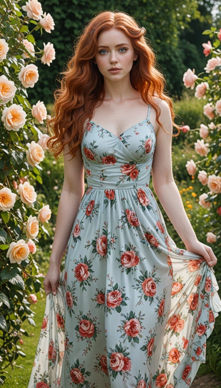 Frizzy Red Hair Beauty in Rose Garden