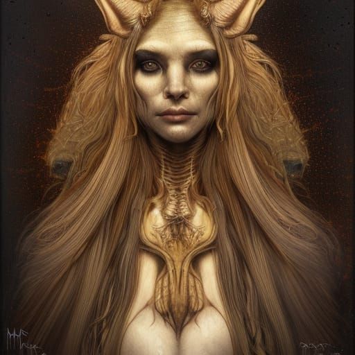 Autumn Wolf Goddess in Biomechanical Horror Style