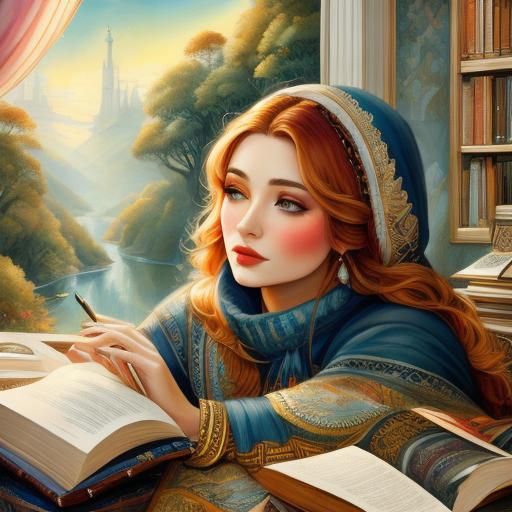 Woman Daydreaming in Cozy Room: Book Art