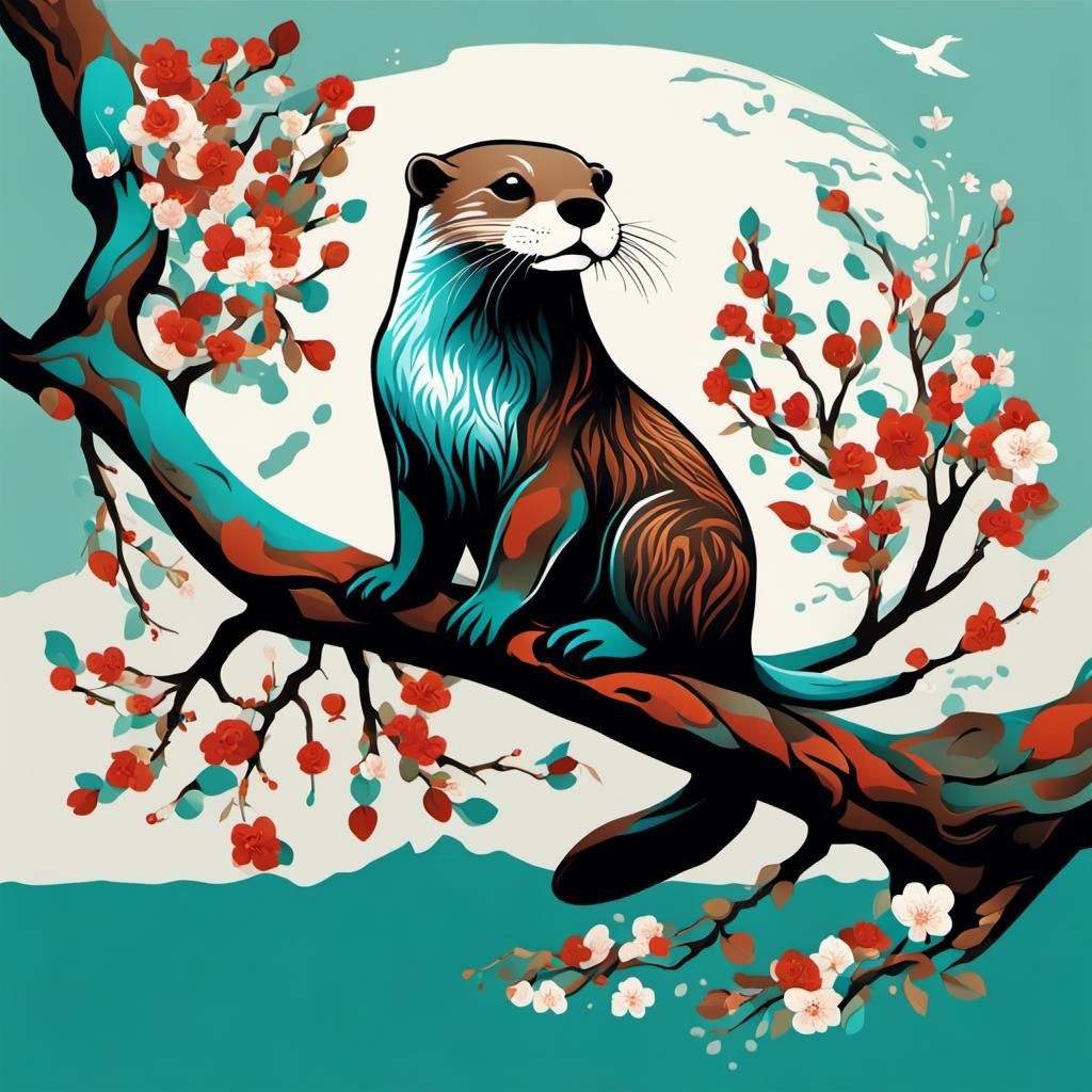 Otter on Blossom Tree in Precisionist Style