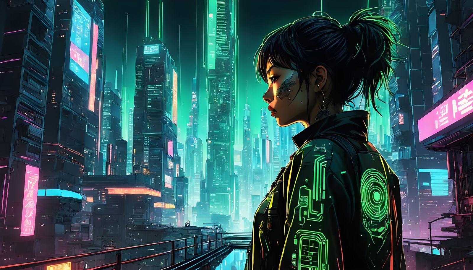 Cyberpunk Anime Woman with Electronic Tattoo