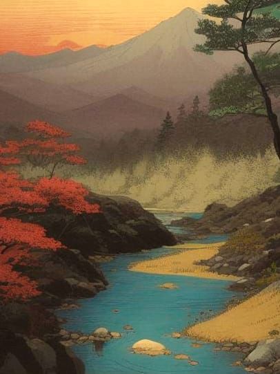 Serene Mountain River in Ukiyo-e Style