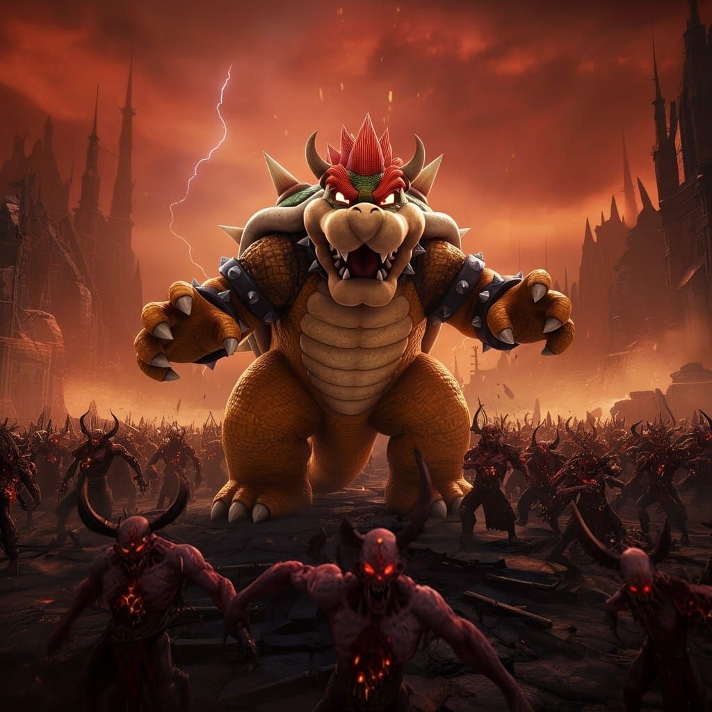 Bowser from super mario leading chaos undivided from warhammer 40k into battle