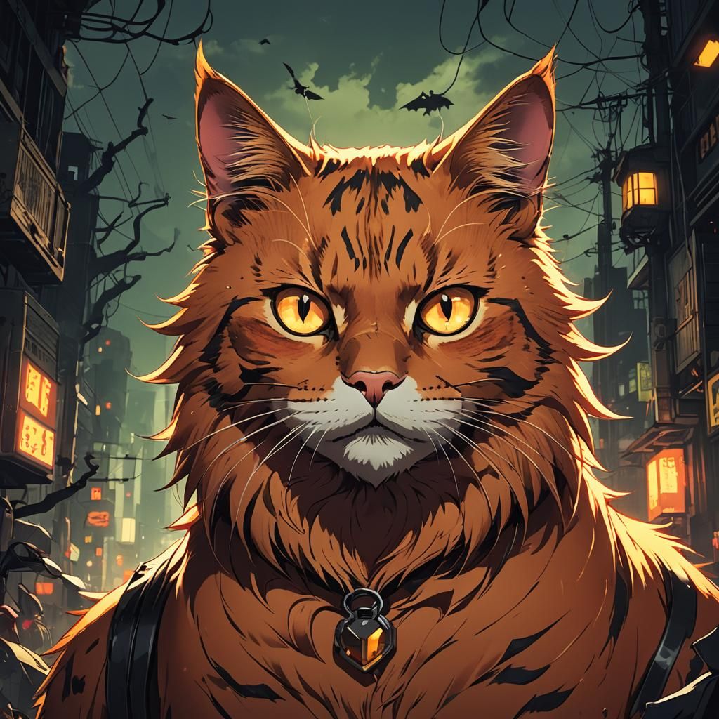 Spooky Orange Cat with Red Eyes: Manga Anime Art