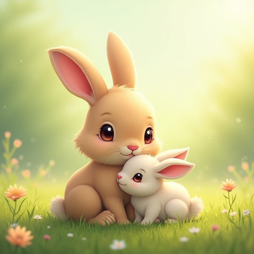 Whimsical Realistic Kawaii Rabbit Family on a Sunny Meadow