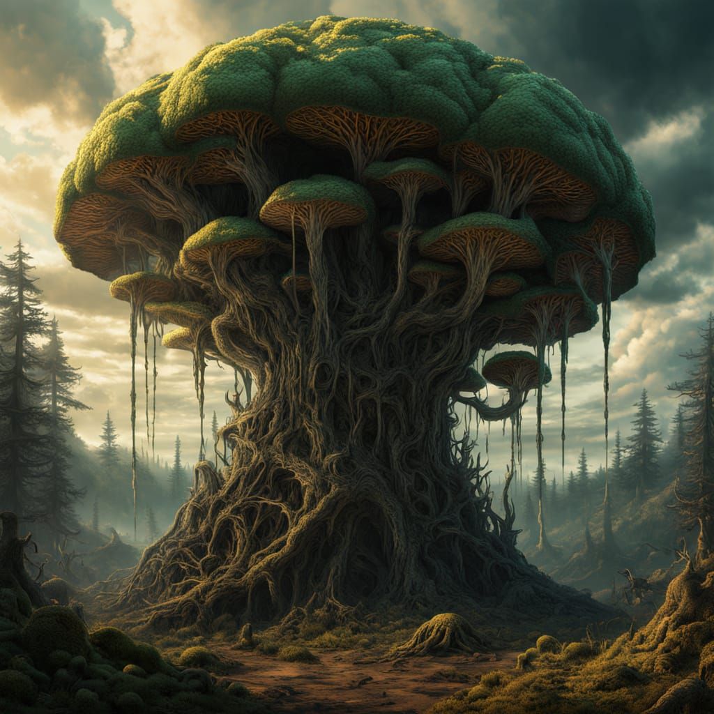 Cyberpunk Fungal Cathedral in Golden Hour