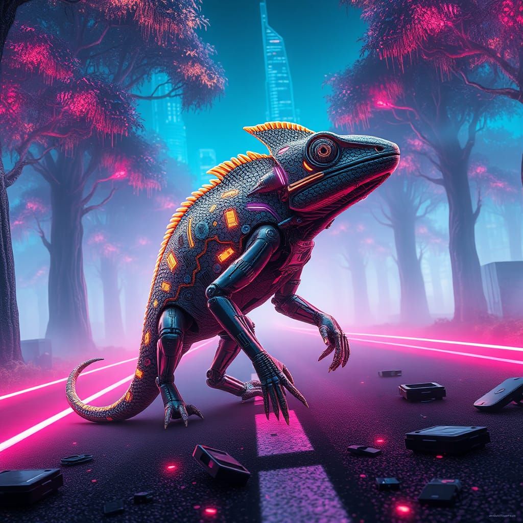 Futuristic Mechanical Chameleon on Neon Road