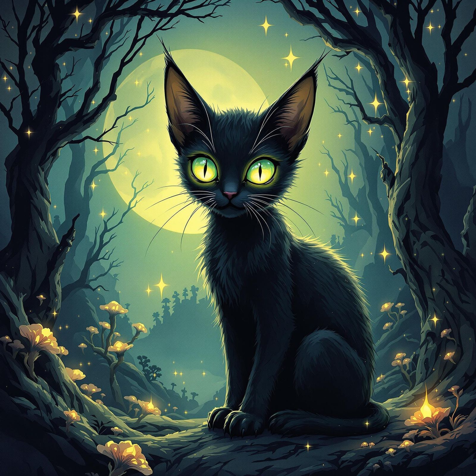 Whimsical Grimalkin Embodies Celestial Magic in a Haunting N...