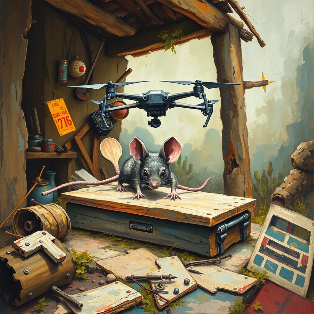 Ancient Mouse Trap Meets Killer Drone in Gouache Style