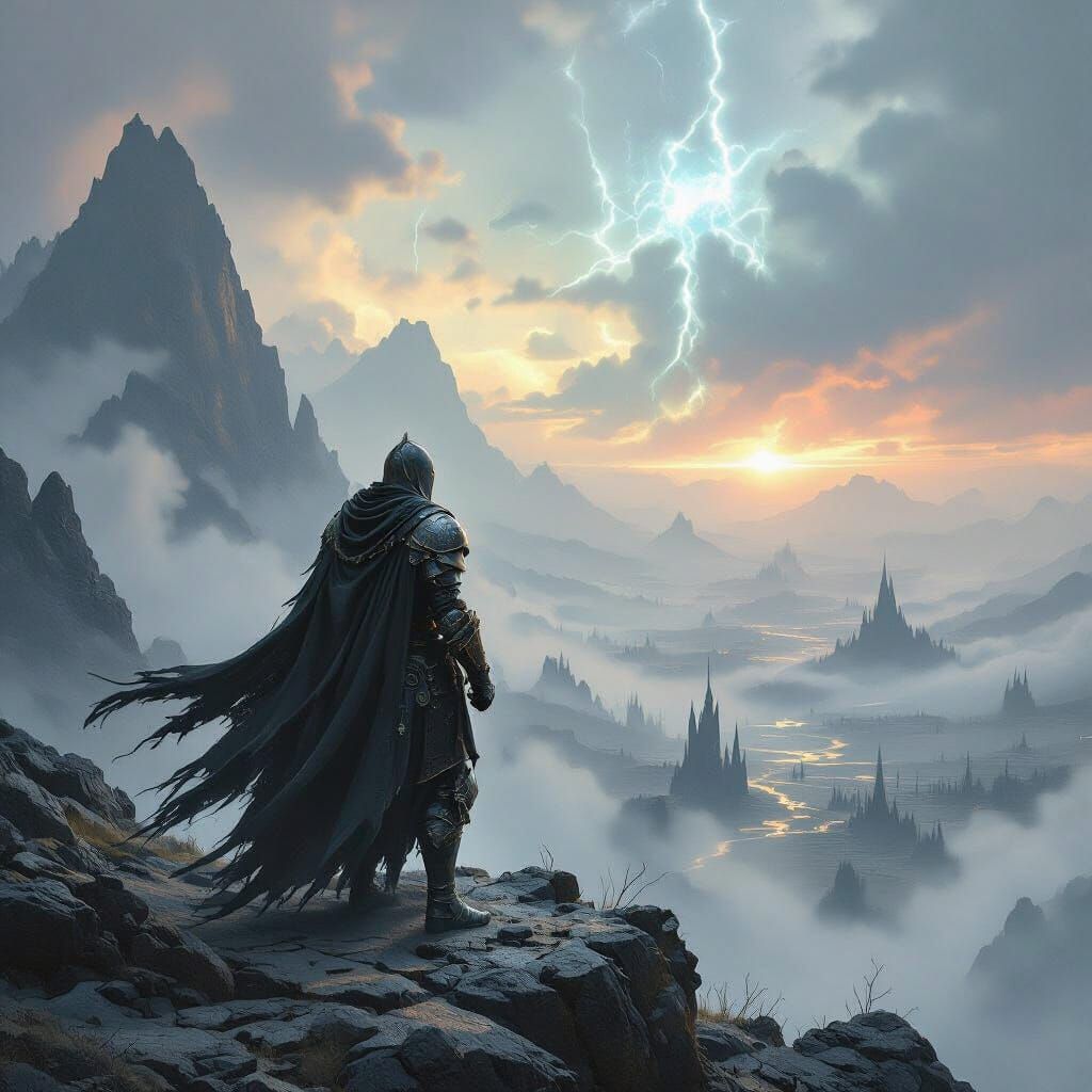 Knight Overlooking Mystical Battlefield in Dark Fantasy Styl...